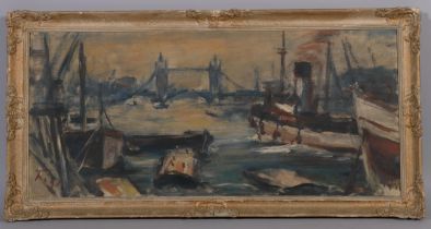 Thames view towards Tower Bridge, mid-20th century impressionist oil on canvas, indistinctly