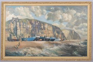 Jean Moore, fishing boats at the Stade, Hastings, oil on board, signed, 75cm x 120cm, framed Very