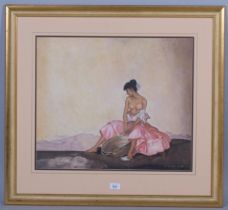 After William Russell Flint, Spanish girl, oil on paper, 47cm x 56cm, framed Good condition