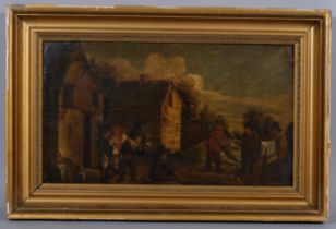 A game of bowls, 18th century oil on wood panel, unsigned, 31cm x 53cm, framed A fine 8cm long crack