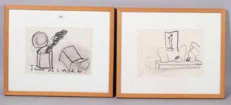 Roy Oxlade (1929 - 2014), pair of sketches, tin of smoke 2004, and museum 2006, charcoal on paper,