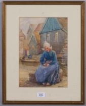 W Langley, Dutch girl by a canal, watercolour, signed, 31cm x 22cm, framed Very slight even paper