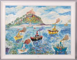 Simeon Stafford (born 1956), St Michael's Mount, oil on canvas, signed, 90cm x 120cm, framed. ARR