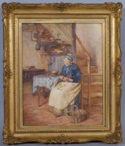 Walter Langley (1852 - 1922), peeling potatoes, watercolour, signed, 35cm x 28cm, framed,