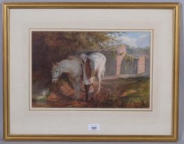 The watering place, 19th century watercolour/body colour, signed with monogram JFW, 24.5cm x 37.5cm,