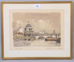Edward Wesson (1910-1983), river Thames and St Paul's Cathedarel from Waterloo, watercolour, signed,