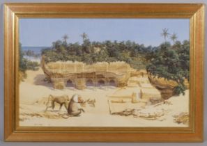 Gary James, beachside temple and monkeys, Donga, oil on board, signed, 44cm x 70cm, framed Good