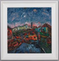 Barrington Tabb (born 1934), Bristol street view, oil on panel, 35cm x 35cm, framed Very good