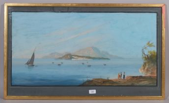 View across the Bay of Naples, 19th century Italian gouache on paper, unsigned, image 42cm x 82cm,
