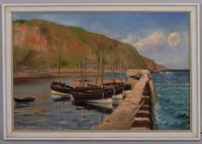 H L Robinson, boats in harbour, oil on canvas, signed, 51cm x 77cm, framed Good condition, 2 patch