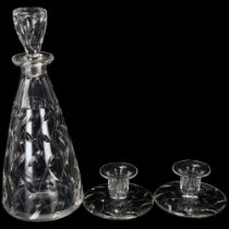 CLYNE FARQAURSON(1906-78), two cut glass candlesticks and a similar leaf pattern decanter,