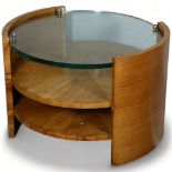 Attributed JACQUES ADNET, an Art Deco 2 tier walnut and glass coffee table, the thick glass held by