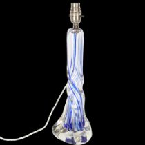 Strathearn Glass, Scotland, a clear a blue glass twisted lamp base, with makers mark to base, height