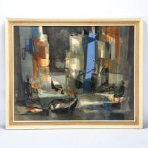 After M Mouly, a 1950s/60s framed abstract print "A street in Spain", in original frame, 82 x 66cm