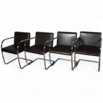 A set of 4 cantilever dining chairs, in the style of Mies Van Der Rohe, tubular steel frames and