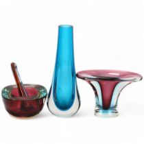 Murano, Italy, 3 pieces of mid 20th century sommerso glass, tallest 20cm Blue vase - internal
