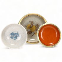 3 pieces of Danish crackle glaze ceramics, with enamel decoration, 2 X Royal Copenhagen