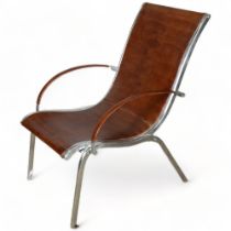 A leather and aluminium lounge chair attributed to RUDOLF SZEDLECZKY, height 95cm, width 66cm (