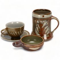 HARRY & MAY DAVIS, Crowan Pottery, 3 pieces of studio pottery, tankard, cup & saucer and handled
