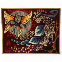 A mid-century hand made tapestry picture by Royal Paris, of Butterfly and Bird, framed, 81 x 64cm