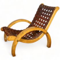 A mid-century French woven leather lounge chair in the Art Deco manner, height 80cm, width 66cm,