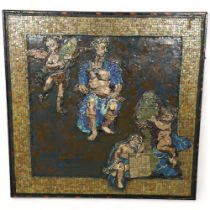 A mid-century tiled mosaic painting of a Roman Emperor and putti, framed, 92 x 92cm Good condition