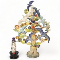 A large studio ceramic tree sculpture with birds in flight, together with a ceramic "Bird in Hat" by