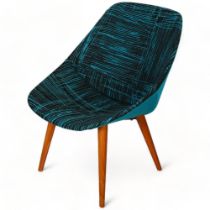 A mid-century bent ply framed side chair on stained beech legs and blue fabric upholstery, height