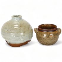 2 pieces of wood fired studio ceramics, vase in style of Warren MacKenzie, unmarked, tallest 12cm