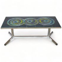 JULIETTE BELARTI, 1970s' tile top coffee table, chrome frame with wood effect inserts on feet,