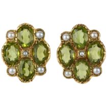 A pair of peridot and pearl earrings, late 20th century, set with oval mixed-cut peridots and