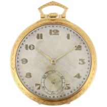 An Art Deco 18ct gold open-face keyless pocket watch, circa 1920s, silvered tumbling cube dial