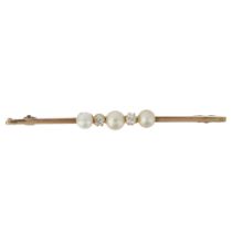 A French five stone whole pearl and diamond bar brooch, circa 1905, claw set with old-cut