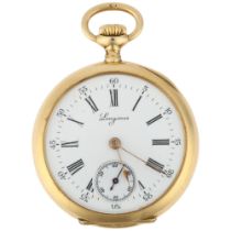 LONGINES - a French 18ct gold open-face keyless fob watch, white enamel dial with Roman numeral hour