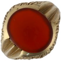 A 9ct gold carnelian signet ring, circa 1970s, setting height 17.5mm, size Q, 5.5g No damage or