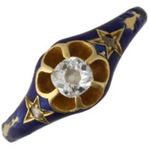 A 19th century 0.2ct solitaire diamond and blue enamel ring, circa 1880, the central old-cut diamond