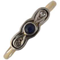 An Art Deco 18ct gold three stone sapphire and diamond bow tie ring, maker A Brothers, setting