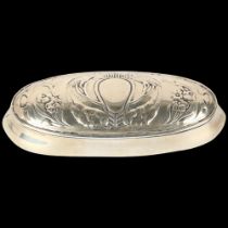 An Art Nouveau Edwardian silver peacock dressing table ring jewel box, Henry Matthews, Birmingham