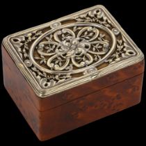 A good quality Continental silver-gilt mounted thuya wood stamp box, relief embossed and pierced