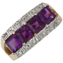 A modern 9ct gold amethyst and diamond dress ring, setting height 8.7mm, size L, 3.8g No damage or