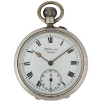 J W BENSON - an early 20th century silver open-face keyless pocket watch, white enamel dial with