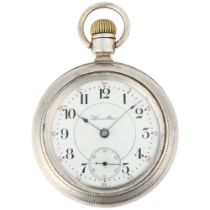 HAMILTON - a heavy American sterling silver open-face keyless pocket watch, white enamel dial with