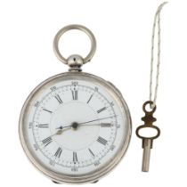 A Swiss silver open-face key-wind doctor's type chronograph pocket watch, white enamel dial with