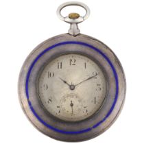 An Art Deco silver and blue enamel open-face keyless slimline pocket watch, engine turned silvered