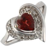 A modern 9ct white gold garnet and diamond heart cluster ring, setting height 13.9mm, size P, 3.1g