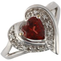 A modern 9ct white gold garnet and diamond heart cluster ring, setting height 13.9mm, size P, 3.1g