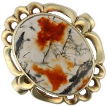 A Continental 14ct gold moss agate dress ring, rub-over set with oval cabochon agate, setting height