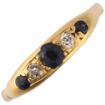 An 18ct gold graduated five stone sapphire and diamond half hoop ring, early 20th century, setting