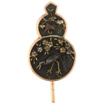 A Japanese Meiji Period Shakudo 'Crane and Blossom' stickpin, 3-colour gold decoration, unsigned,