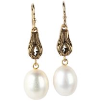 A pair of pearl drop earrings, unmarked gold shepherd hook fittings, 41mm, 6.9g No damage or repair